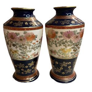 Pair of Vintage Satsuma Pottery Vases 7.5” Floral Blue Gold Signed